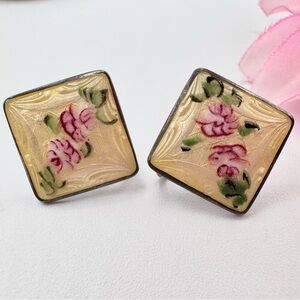 Vintage Yellow Guilloche Sterling Silver Screw Clip Earrings Floral Cottagecore